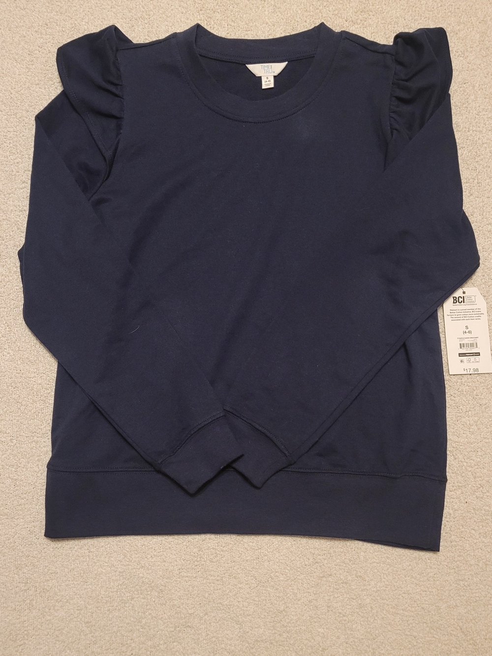 Time & Tru Women’s Navy Ruffle Shoulder Sweatshirt NWT Small